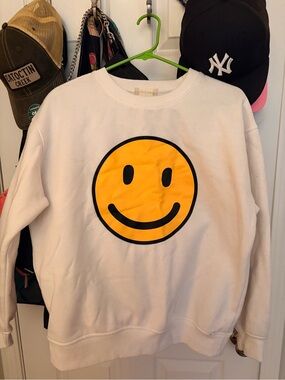 Altar'd State White Crewneck Sweatshirt with Yellow Smiley Face